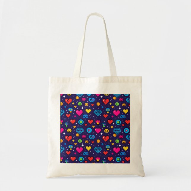 Tote Bolsa de Tela com Tema de Jogos em Pixel Art Retrô (Frente)