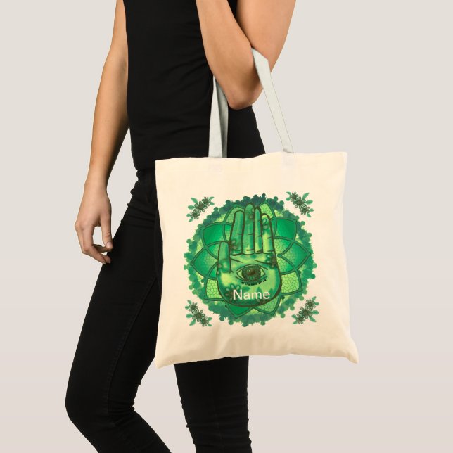 Tote Bolsa de toques de Lotus Verde de Mão Hamsa (Frente (produto))