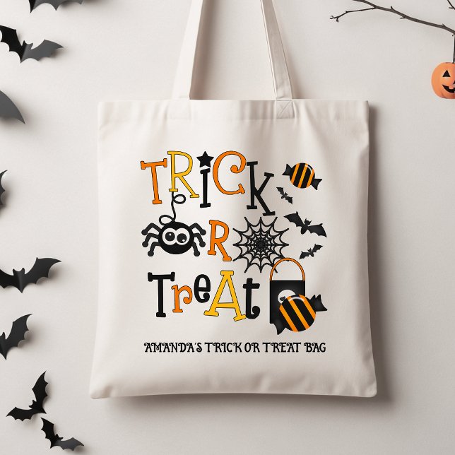 Tote Bolsa de Tratamento Ou Truque Para Crianças Negras (Halloween Trick or Treat Tote Bag, Personalized Kids Trick Or Treat Tote, Spider Candy Trick Treat)