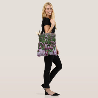 Tote Bolsa de Tulipas Púrpuras e Brancas