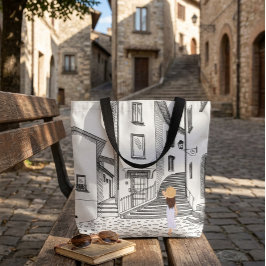 Tote Bolsa Elegante com Cidade Antiga Desenhada à Mão