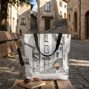 Tote Bolsa Elegante com Cidade Antiga Desenhada à Mão