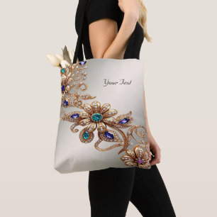 Tote Bolsa Elegante de Flores com Joias Douradas