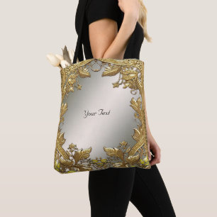 Tote Bolsa Elegante em Ouro com Decoração Floral