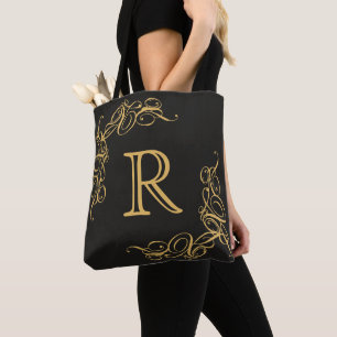 Tote Bolsa Elegante Preta e Dourada com Monograma Barro