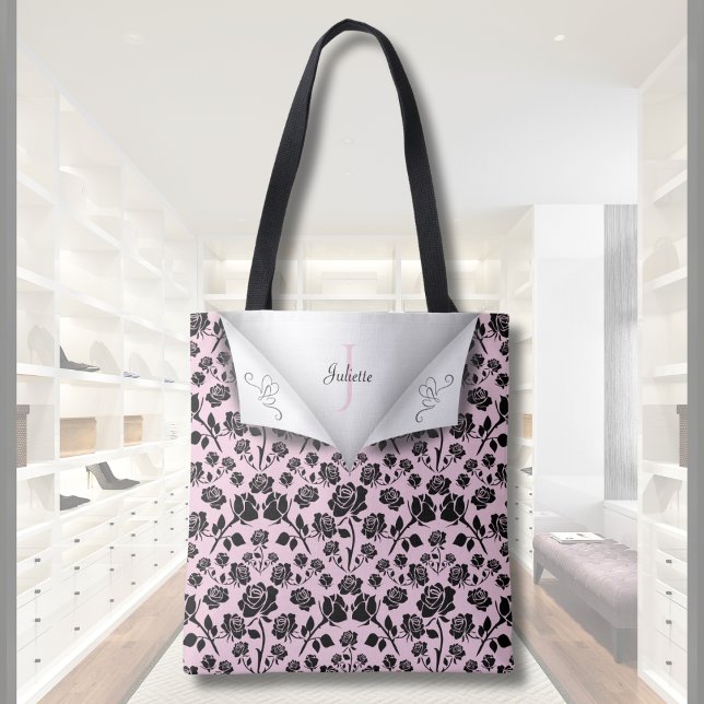 Tote Bolsa Elegante Rosa e Preta com Monograma de Nome  (Elegant Pink and Black Rose Monogram Name Tote Bag)