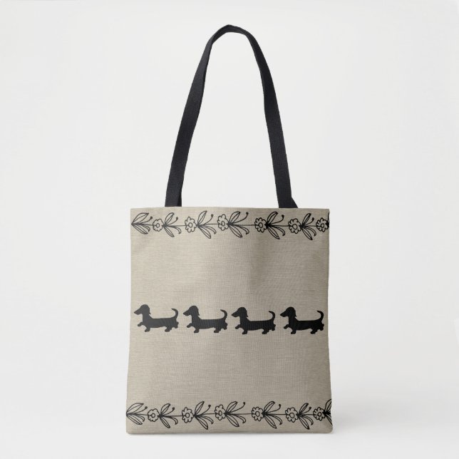 Tote Bolsa Floral de Dachshund Preto (Frente)