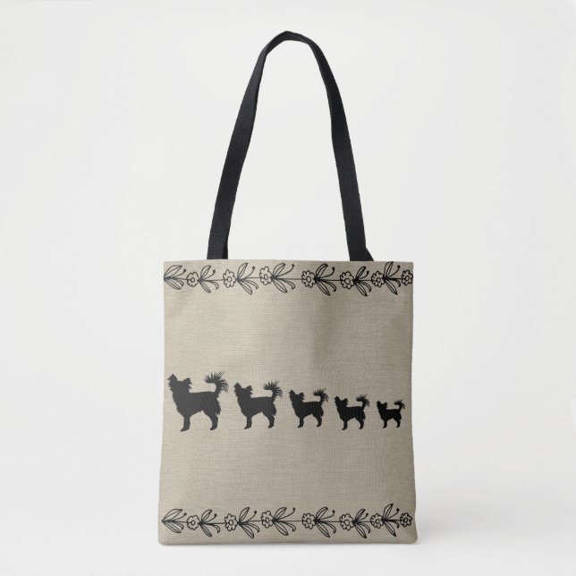 Tote Bolsa Floral preto Chihuahua Silhouette (Frente)