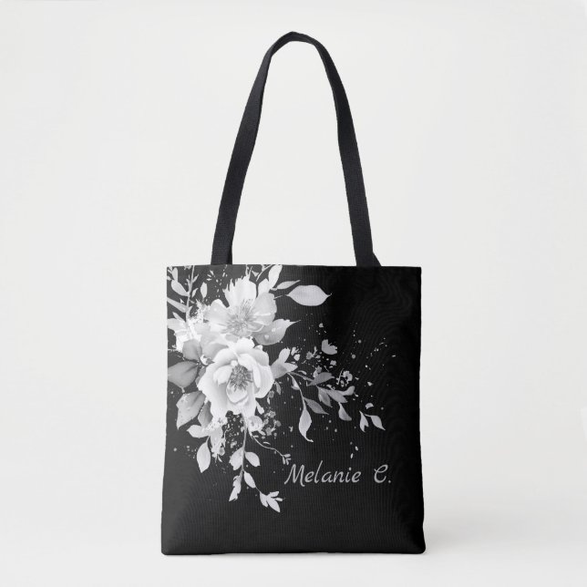 Tote Bolsa Floral preto e branco sem esforço para a Ele (Frente)