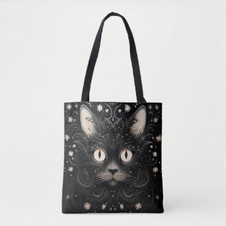 Tote Bolsa Gráfico de Gato Moderno Abstrato Preto