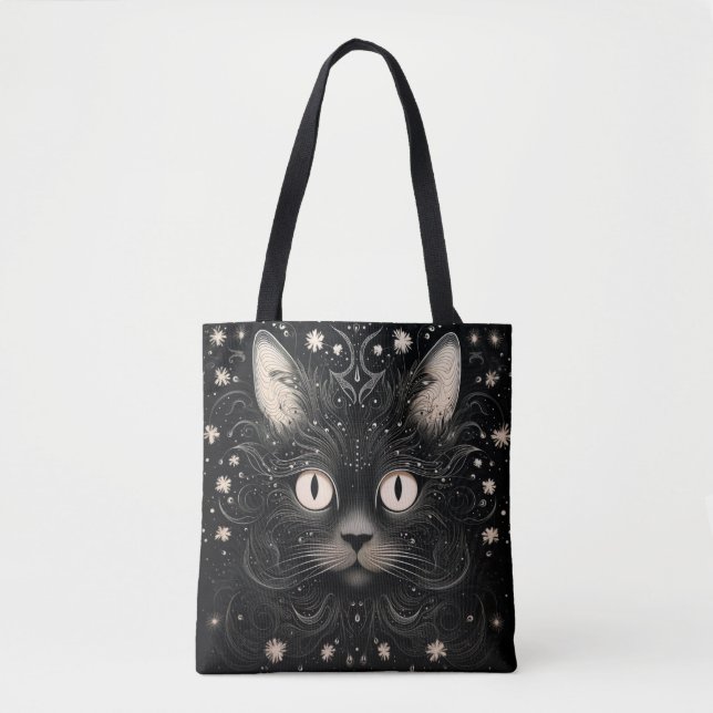 Tote Bolsa Gráfico de Gato Moderno Abstrato Preto (Frente)