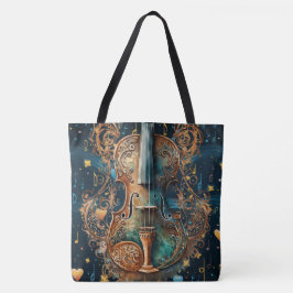 Tote Bolsa Grande Azul e Dourado Cósmico Violino
