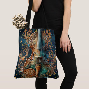 Tote Bolsa Grande Azul e Dourado Cósmico Violino