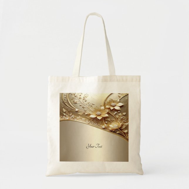Tote Bolsa Grande com Flores Douradas Ornamentadas Mode (Frente)