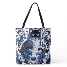Bolsa Grande de Ombro Gato Azul Dramático Art Déco