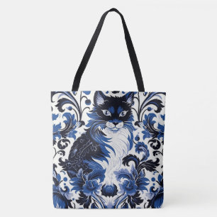 Tote Bolsa Grande de Ombro Gato Azul Dramático Art Déco