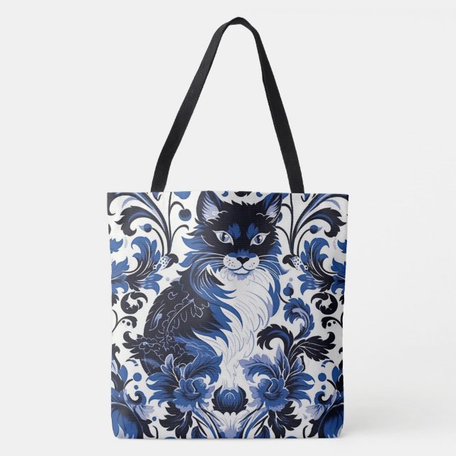 Tote Bolsa Grande de Ombro Gato Azul Dramático Art Déco (Frente)