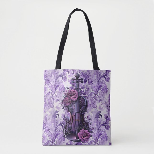 Tote Bolsa Grande de Ombro Violeta em Floral Lilás (Frente)