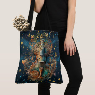 Tote Bolsa Grande de Ombro Violino Azul e Dourado Cósmi