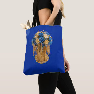 Tote Bolsa Grande Floral Azul Real e Dourado