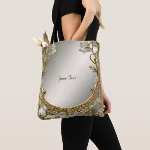 Tote Bolsa Grande Floral Branca Ornada a Ouro