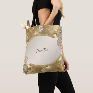 Tote Bolsa Grande Floral Dourada Ornamentada