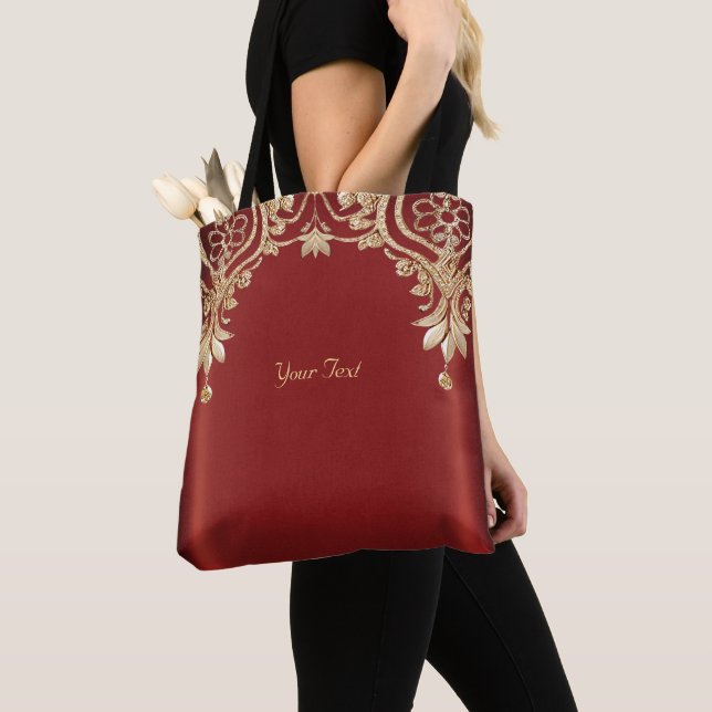 Tote Bolsa Grande Floral Vermelha Dourada Moderna (Close Up)