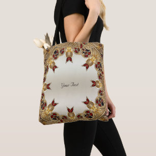 Tote Bolsa Grande Flores Douradas Pedra Vermelha