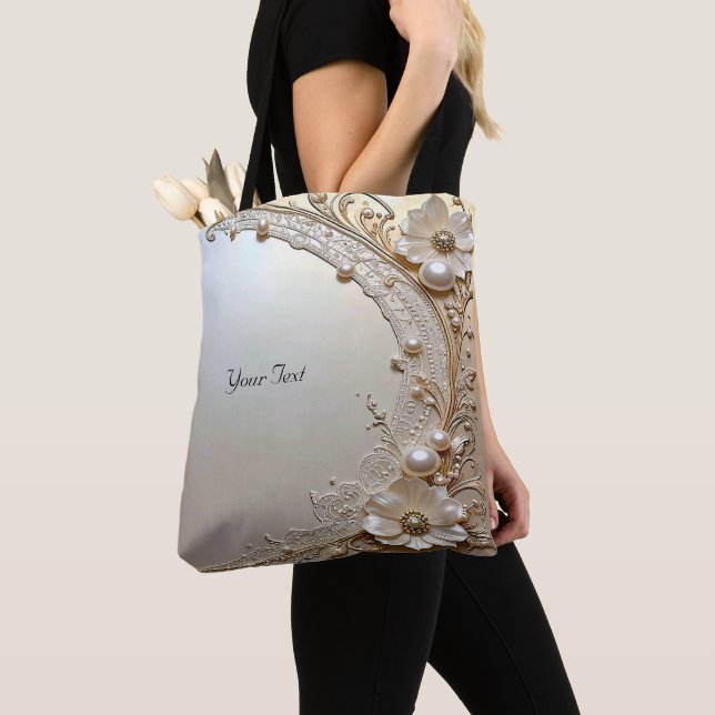Tote Bolsa Grande Pérolas Flores Brancas Modernas (Close Up)