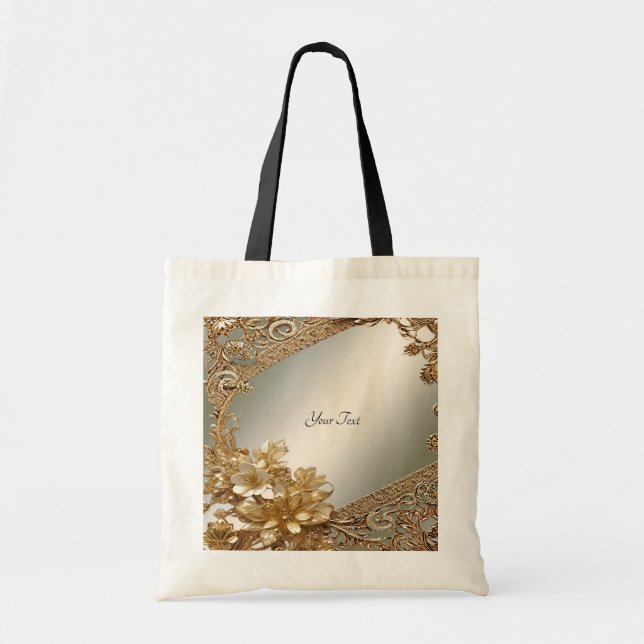 Tote Bolsa moderna dourada com flores ornamentais (Frente)