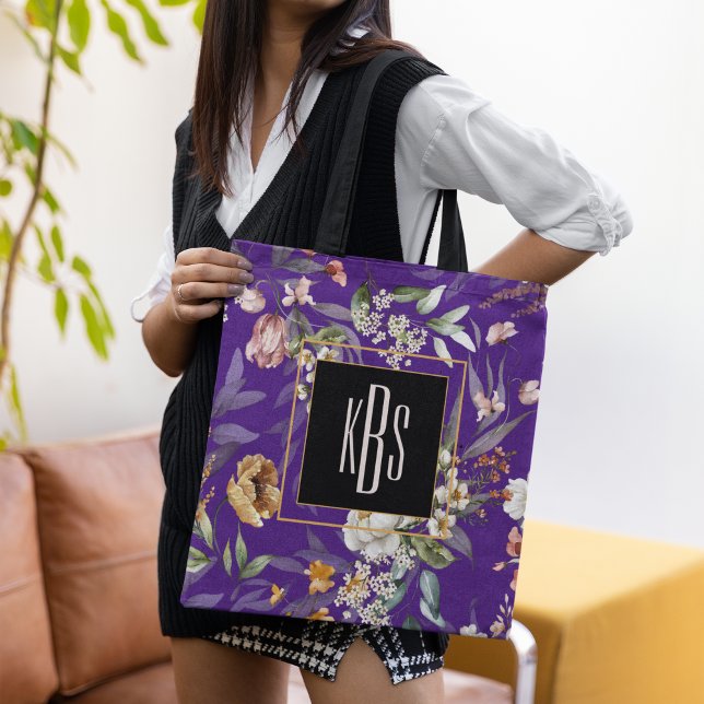 Tote Bolsa Monograma, Roxo 1600s Flores de Arte Fino To (Criador carregado)