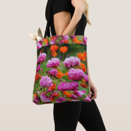 Tote Bolsa - Peônias cor-de-rosa e papagaios laranja.