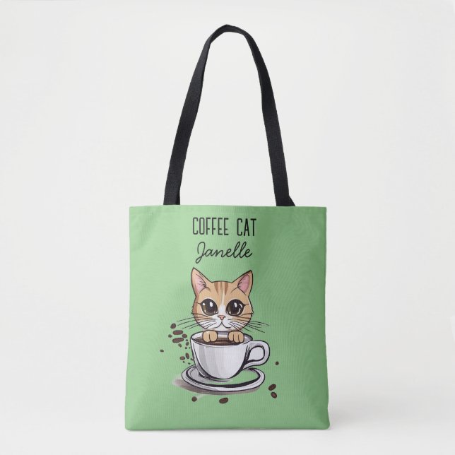 Tote Bolsa Personalizada de Café com Gato Desenhado (Frente)