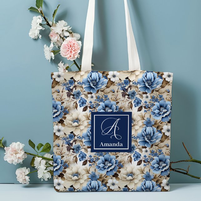 Tote Bolsa Personalizada de Flores Azul-Marinho Sofisti (Sophisticated Navy Blue Flowers Personalized Tote Bag)
