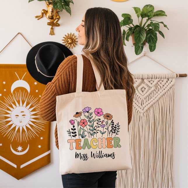Tote Bolsa Personalizada de Flores Silvestres para Prof (retro teacher tote bag, teacher appreciation gift, back to school gift for teacher,)