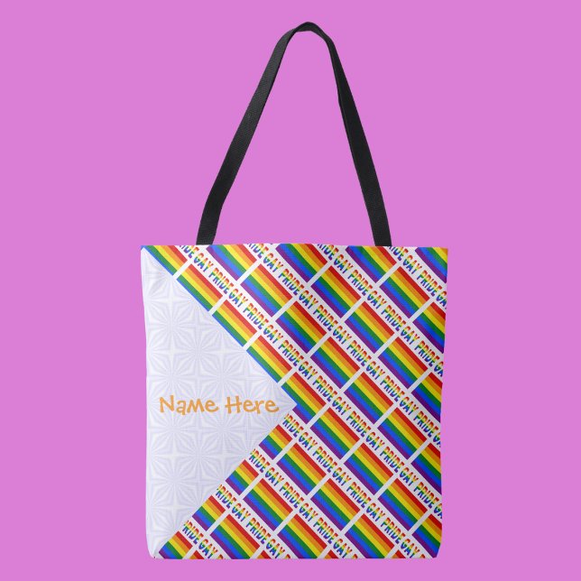 Tote Bolsa Personalizada de Ombro com Mosaico do Arco-í (Tote bag has tiled Gay Pride Rainbow flag with words GAY PRIDE below. White space to add a name.)