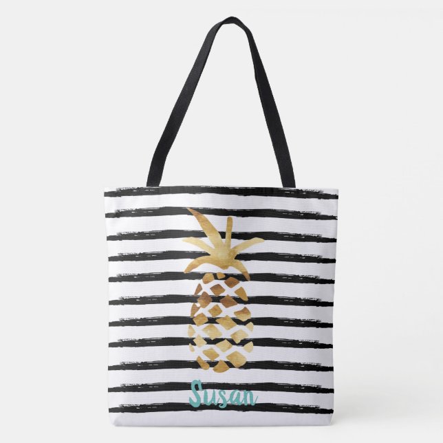 Tote Bolsa Pineapple & Stripes - Personalizar com o nom (Frente)
