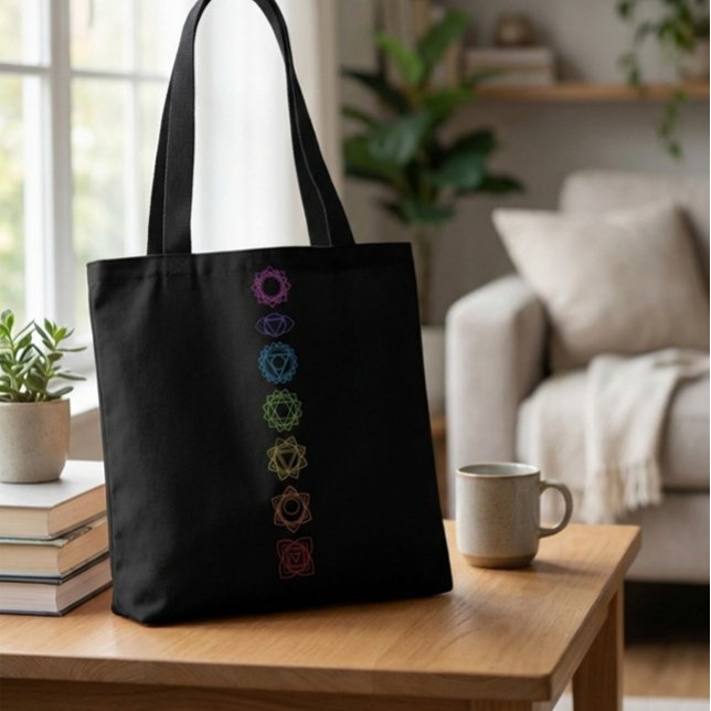 Tote Bolsa Preta com Símbolos Coloridos dos Sete Chakra (Criador carregado)