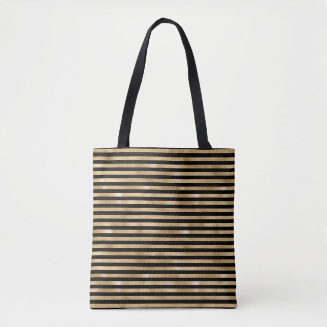 Tote Bolsa preta e dourada listrada para mulheres (Frente)