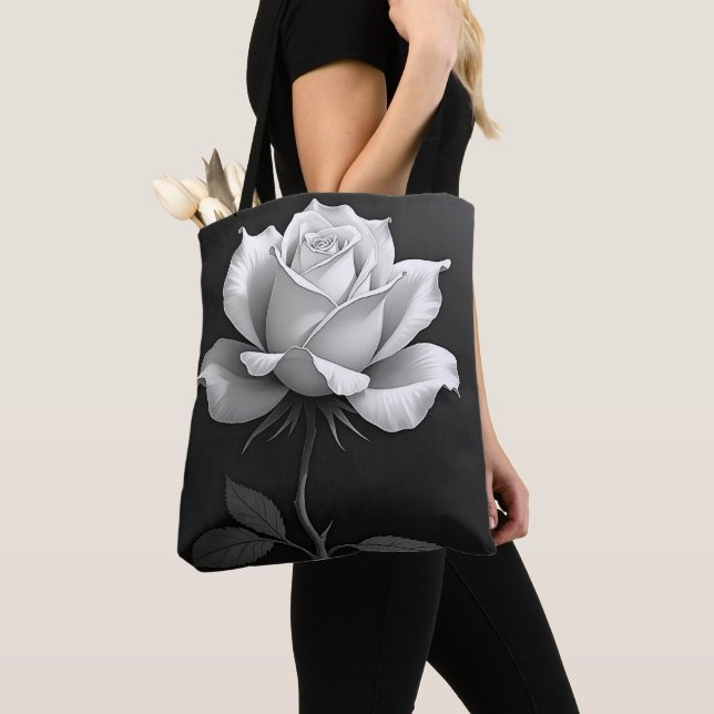 Tote Bolsa Preta Elegante com Rosa Branca (Close Up)