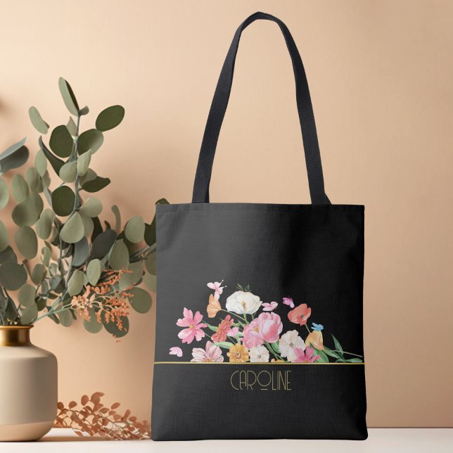 Tote Bolsa preta moderna e elegante com estampa floral (Criador carregado)