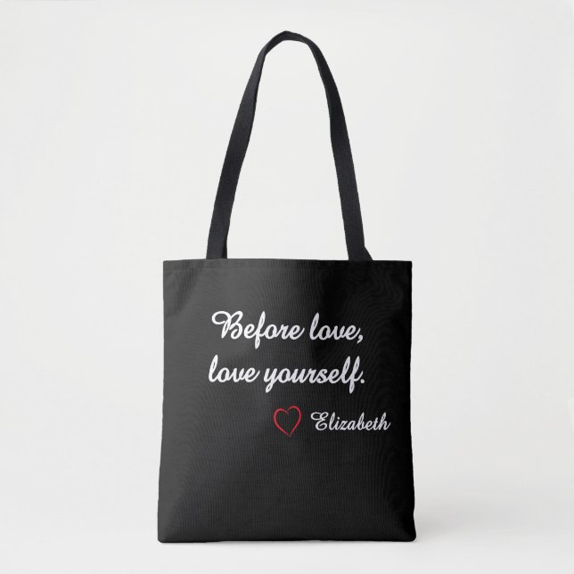 Tote Bolsa Preta Personalizada com Citação de Autoamor  (Frente)