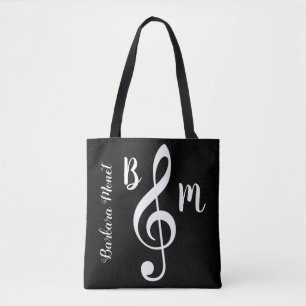 Tote bolsa preto - monogramas trible clef / notas de m