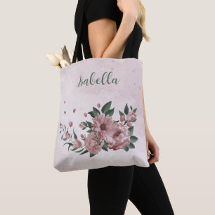 Tote Bolsa romântico flores rosa e folhas verdes