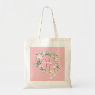 Tote Bolsa Rosa Floral Monograma Dourado Rosa Script