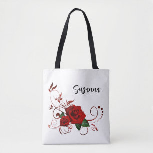 Tote Bolsa Tote, Branca Clássica Flor de Rosa Vermelha