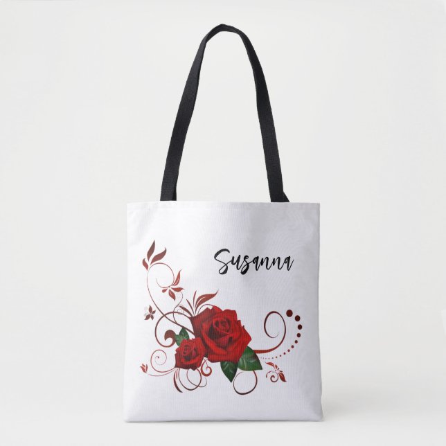 Tote Bolsa Tote, Branca Clássica Flor de Rosa Vermelha  (Frente)