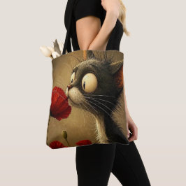 Tote Bolsa tote, gato preto e branco flor vermelha