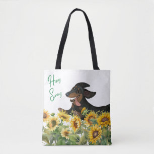 TOTE BOLSA TOTEM DE GIRASSÓIS DACHSHUND PRETA E MARROM