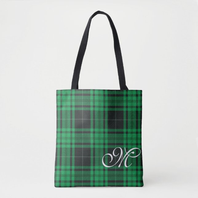 Tote Bolsa Verde de Xadrez com Monograma (Frente)